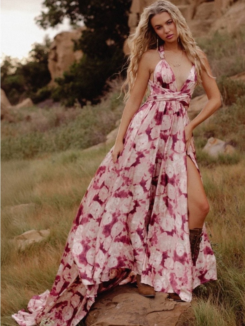 Boho Halter Maxi Dress in Dusty Rose Floral